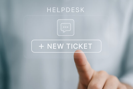 Helpdesk new ticket support create A hand touches the New Ticket button on a minimal helpdesk interface conveying quick support and calm focus