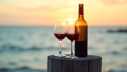 Two wine glasses and bottle on wooden stump by ocean at sunset