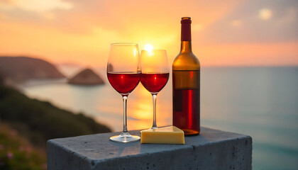 Two wine glasses and bottle with cheese on concrete table by sea at sunset