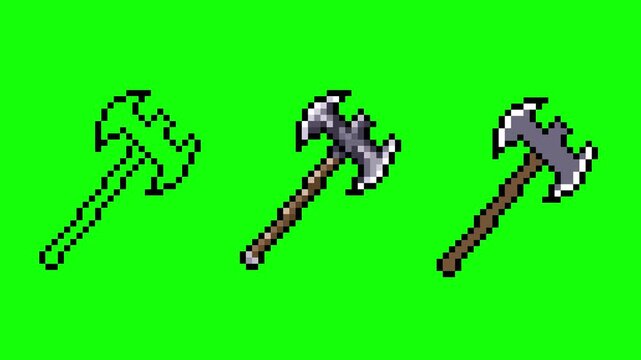 2D Pixel Art Battle Axe Game Assets Set with Outline and Shading on Green Screen