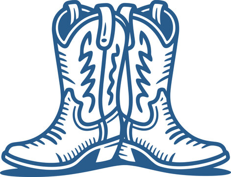 Front view cowboy boots line art vector drawing with decorative stitching and blue outlines