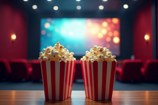 Movie Night Concept with Traditional Red and White Striped Popcorn Tubs