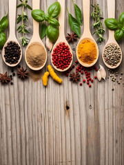 Variety of spices and herbs on wooden spoons and table