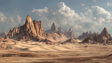 Expansive desert landscape featuring dramatic rock formations under a cloudy sky