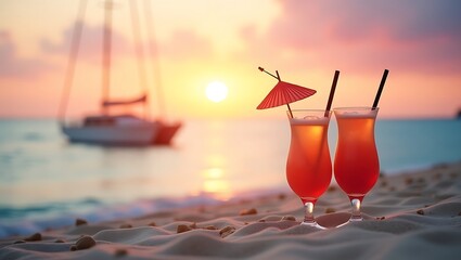 Two Tropical Cocktails on Sandy Beach at Sunset
