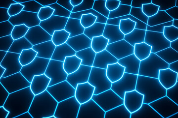 Cybersecurity Network: A mesmerizing visualization of interconnected digital shields, forming a robust network that symbolizes data protection and security in the digital landscape.