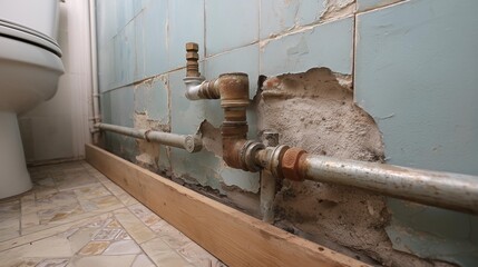 Bathroom corner with white toilet, damaged blue wall tiles, and visible plumbing elements against a patterned mosaic floor