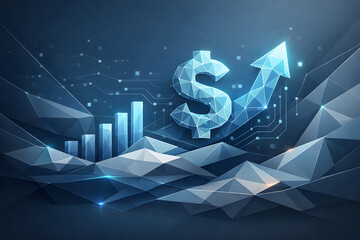 Financial Growth and Prosperity: A striking visual of a rising arrow overlaid on a geometric background with a dollar sign. A depiction of financial concepts, wealth, and expansion.