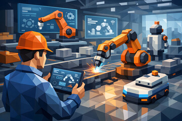 Innovation in Automation: A skilled engineer oversees cutting-edge robotic arms and advanced machinery in a modern factory setting. The scene highlights efficiency, precision.