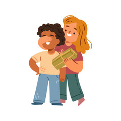 Joyful girl closing eyes to boy and giving him present. Vector kids surprising and gift exchanging. Cute cartoon character receiving wrapped souvenir. Children celebrations and festive moments
