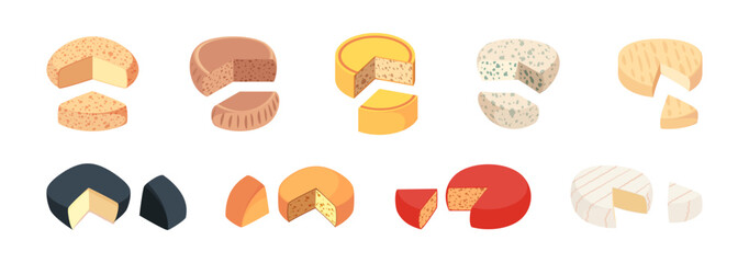 Dairy products, isolated wheels of cheese with cut pieces. Vector isolated isometric pressed curds of milk. Nourishment and balanced dieting, nutrition and eating meal from farm. Organic ingredient
