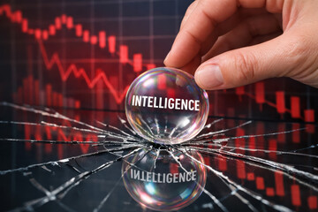 Intelligence bubble hand cracked glass downward graph a fragile glass sphere labeled INTELLIGENCE placed on shattered surface reflecting a falling stock chart conveying risk and