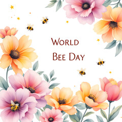 A colorful illustration of flowers and bees for World Bee Day