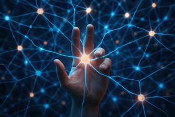 Intelligence learning network connection signal A hand reaches into a glowing neural web neuron and synapse light evoking curiosity and futuristic discovery