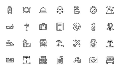 Instagram Highlight Stories Travel icon set. Vector illustration. Includes symbols for luggage, restaurant, hotel, beach, airplane, passport, backpack, mountain and more. Editable vector stroke.