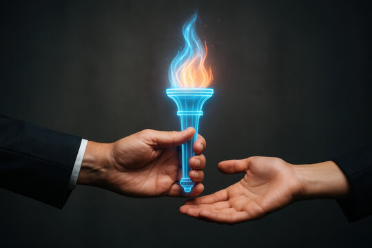 Leadership succession legacy knowledge torch holographic A glowing digital torch being passed between professional hands to represent transfer leadership and expertise
