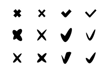 Check marks in ink, pencil or brush styles. Vector isolated collection of messy, elegant and artistic variations. Marker strokes and sketch effects. Education materials or grading papers
