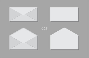 Envelope letter format C65 mockup, front and back view. Vector showcasing corporate identity, mailing templates for invitation layouts. Stationery, business correspondence or formal invitations