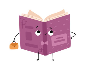 Book character with bowtie and briefcase. Vector in flat style, isolated icon of cute personage with positive facial expression. Funny young textbook with hands and legs looking at side