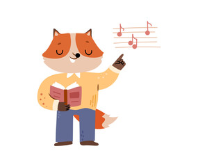 Dreamy fox with textbook pointing his finger at notes. Vector isolated cute animal character teaching music. Wise and friendly teacher of forest school. Lessons and education, academic environment