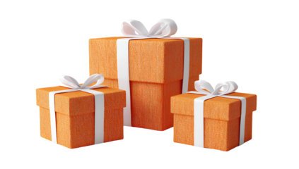 Three orange gift boxes of varying sizes with white ribbon and bows, isolated
