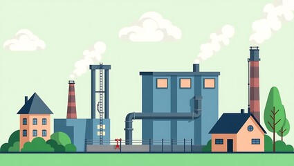 Industrial Factory Emitting Smoke Near Residential Houses