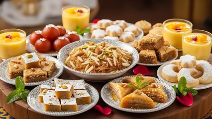 Delectable and Colorful Array of Traditional Sweets and Desserts on a Wooden Table
