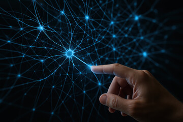Neural network visualization concept glowing neuron web with hand to interact conveying connectivity and advanced data intelligence in dark digital scene |