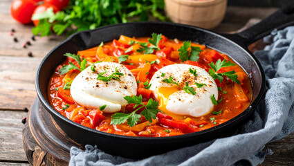 Healthy Mediterranean Breakfast of Poached Eggs in Spicy Tomato Sauce