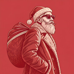 Stylish Santa Claus illustration in vintage retro style on red background. Cool modern Santa wearing sunglasses and carrying a sack of gifts. 3D Rendering, 3D Illustration