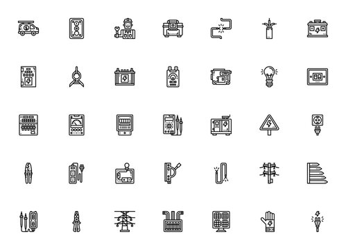 Electrician icon set. Vector toolkit symbols including control panel, toolbox, wire, generator, socket, multimeter, fuse box, solar panel and more. Editable stroke. - Powered by Adobe