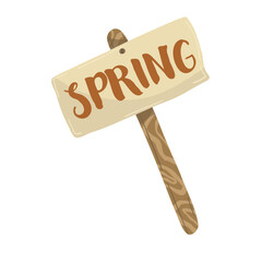 Wooden sign with handwritten text Spring, hand drawn seasonal wooden board, vector illustration isolated on white.