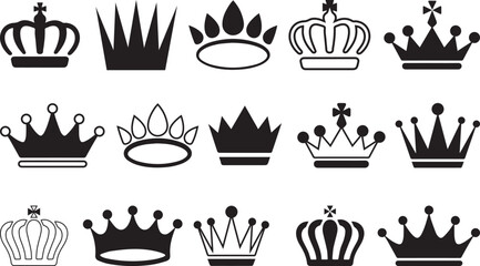 Crown Icon Set. Royal King Queen Crown Silhouette Vector Collection.