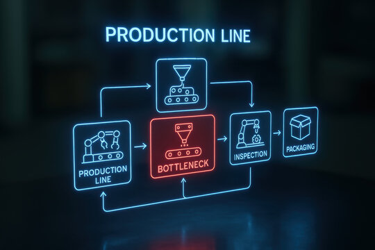 Production bottleneck inspection packaging A glowing holographic production flowchart with a red bottleneck stage conveying delay and urgency to optimize process