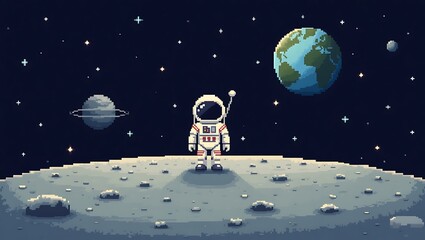 Pixel Art Astronaut on Moon Gazing at Earth