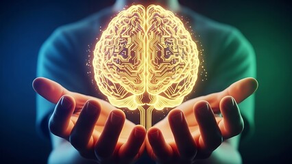 Person holding a glowing digital brain with circuit patterns in their hands