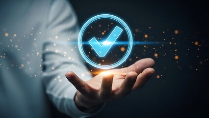 Person holding a glowing blue checkmark symbol in their hand with a dark background