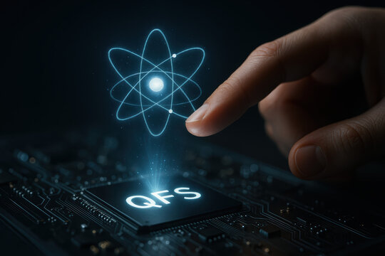 Quantum computing power QFS hologram atom projecting glowing processor on circuit board evoking awe and futuristic confidence in financial technology