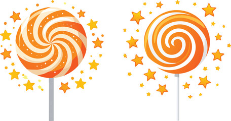 Bright orange swirl lollipop with festive stars dots playful candy illustration