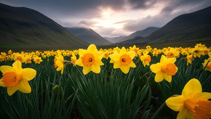 St david's day daffodils in welsh mountain landscape celebrating welsh heritage