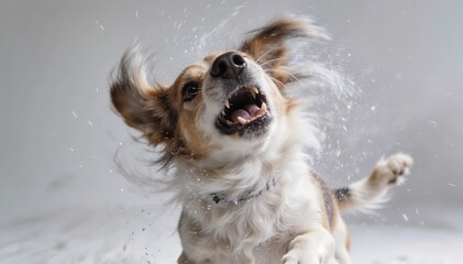 A crazy dog with its mouth open and ears flapping runs playfully against a clean white background with a joyful mood.