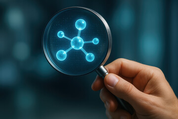 Research development discovery analysis examination investigation A hand holds a magnifying glass over a glowing holographic molecule conveying scientific curiosity and futuristic