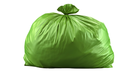Isolated green plastic trash bag, tied closed, filled, and ready for disposal