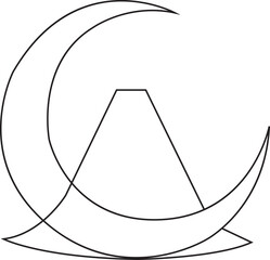 Minimalist Geometric Line Art Illustration of a Mountain Peak with a Crescent Moon Framing the Summit
