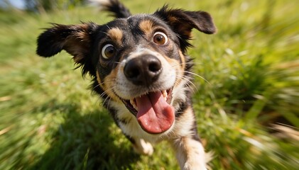 Close-up shot of a crazy dog running towards the camera with a joyful expression in a lush green grassy field with warm tones.