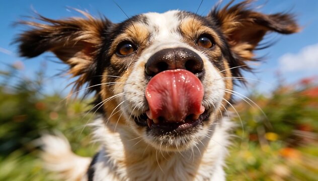 Close-up portrait of a crazy dog licking its nose with its tongue out, set against a blurred green and blue outdoor background with a shallow depth of field.