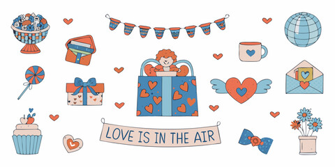 A collection of colorful gifts hearts and decorations for a celebratory occasion