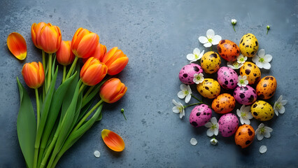 St david's day flowers and decorations with tulips and easter eggs