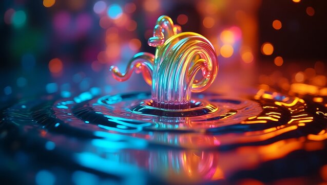 Iridescent Glass Swirl in Rippling Water with Bokeh Lights - Powered by Adobe