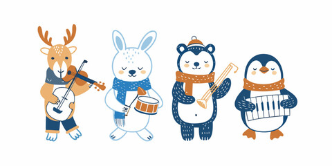 A whimsical illustration of animals playing musical instruments together